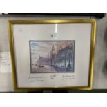 A FRAMED PRINT OF BIG BEN AND THE HOUSES OF PARLIMENT SIGNED BY SPEAKERS BERNARD WEATHERILL &