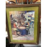 A VINTAGE STYLE BELL'S 'THREE NUNS' TOBACCO POSTER IN A WOODEN FRAME 55CM X 44CM