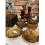 A LARGE QUANTITY OF AMBER COLOURED CLOUD GLASSWARE TO INCLUDE PLATES, VASES, BOWLS, ETC