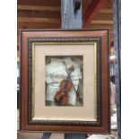 A 3D IMAGE WITH A VIOLIN, BOW AND SHEET MUSIC IN A GLASS FRONTED CASE