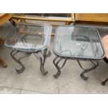 A PAIR OF LAMP TABLES ON METALWARE BASES WITH GLASS TOP, 19" SQUARE EACH