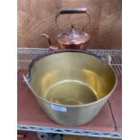 A HEAVY BRASS JAM PAN AND A COPPER KETTLE