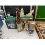 AN ASSORTMENT OF CHRISTMAS ITEMS TO INCLUDE LED MINITURE CHRISTMAS TREES, A SNOWMAN SCENE AND