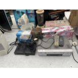 AN ASSORTMENT OF ITEMS TO INCLUDE A SAMSUNG VHS PLAYER, A DUST BUSTER AND FOOD MIXERS ETC
