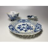 THREE 19TH CENTURY CERAMIC ITEMS - DISH WITH MEISSEN CROSS SWORDS MARK, SMALL CHELSEA STYLE