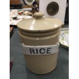 A STONEWARE LIDDED STORAGE CONTAINER FOR RICE HEIGHT 15CM