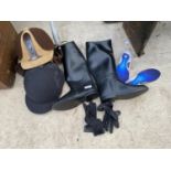 AN ASSORTMENT OF HORSE TACK TO INCLUDE A HARRY HALL HAT, AND RIDING BOOTS ETC