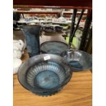 FOUR PIECES OF BLUE CLOUD GLASS TO INCLUDE A VASE AND BOWLS