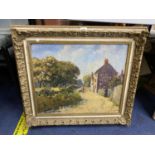 AN INDISTINCTLY SIGNED OIL ON CANVAS OF A COUNTRYSIDE SCENE IN DECORATIVE GILT FRAME, SIGNED TO