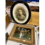 A VICTORIAN GILT FRAMED CRYSTOLEUM OF DANCING LADIES TOGETHER WITH A PICTURE OF A MAN IN EBONISED