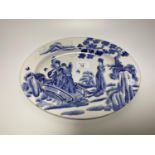 A VINTAGE CHINESE BLUE AND WHITE PORCELAIN CHARGER DEPICTING LADIES ON A BRIDGE, SEAL MARK TO BASE