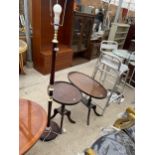 A MODERN STANDARD LAMP AND TWO OVAL MAHOGANY AND INLAID OCCASIONAL TABLE