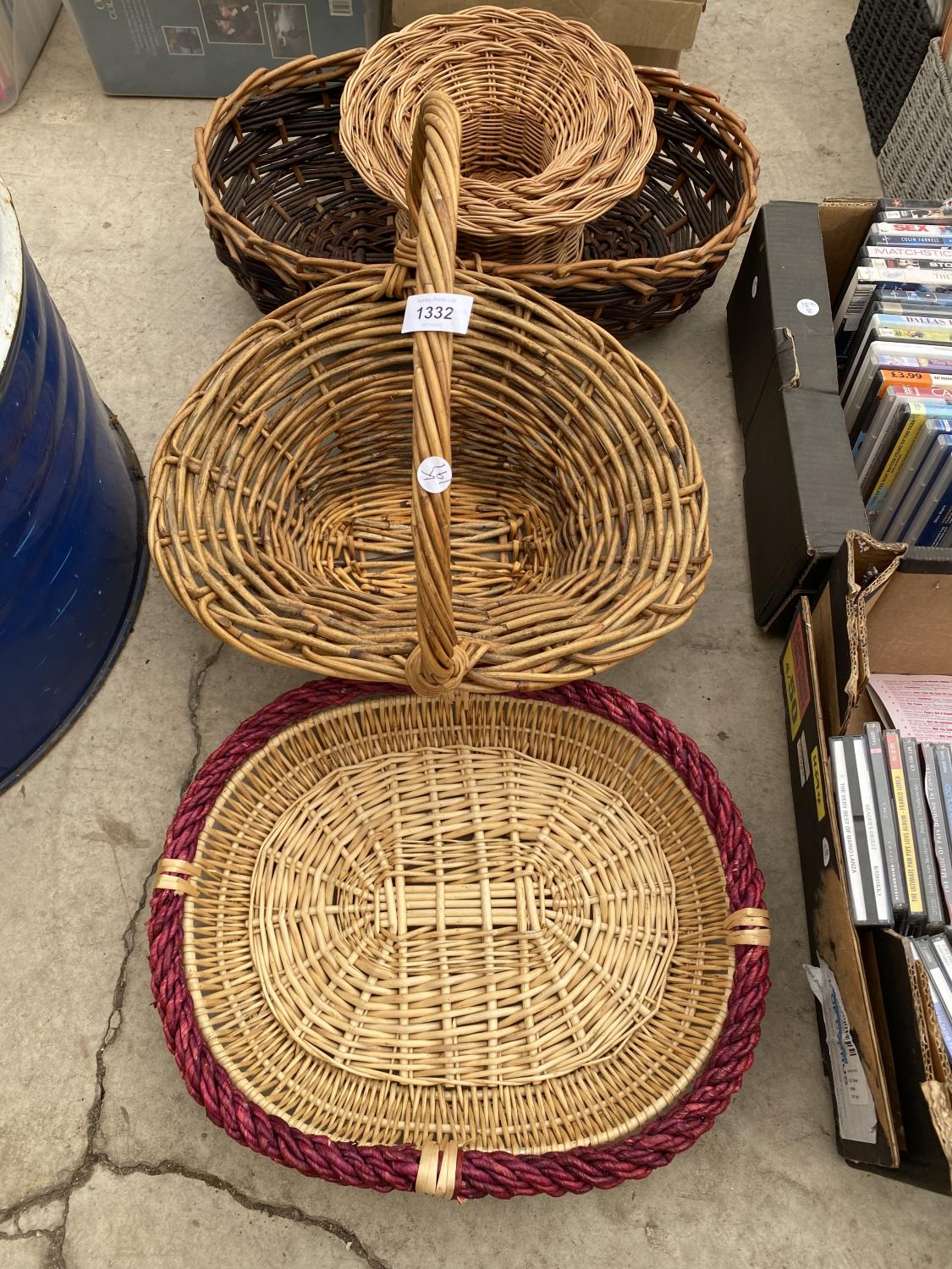 SIX VARIOUS WICKER BASKETS TO INCLUDE A GRADUATED SET OF PLANT POT HOLDERS ETC