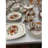 A QUANTITY OF J & G MEAKIN POPPY DINNERWARE (SOME SECONDS) TO INCLUDE PLATES, LIDDED DISH, CUPS