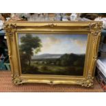 LARGE HOUSE ON A HILL (POSSIBLY CLIVEDON, BERKSHIRE) OIL ON CANVAS, 60X92CM, IN ELABORATE GILT FRAME