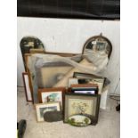 A LARGE ASSORTMENT OF FRAMED PRINTS, PICTURES AND MIRRORS