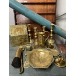 A QUANTITY OF BRASSWARE TO INCLUDE CANDLESTICKS, FIRE COMPANION SET, LETTER HOLDER, JUG, ETC.,