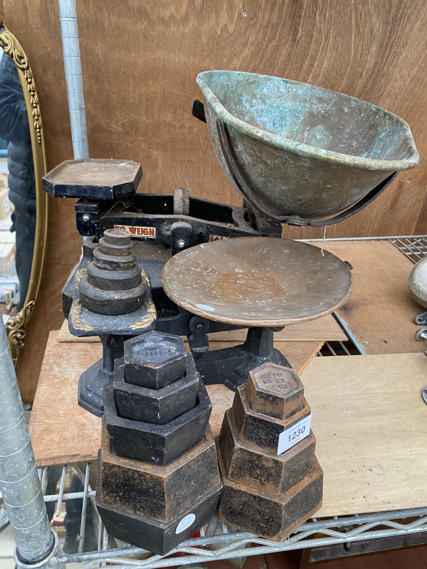 TWO SETS OF VINTAGE KITCHEN BALANCE SCALES AND A LARGE ASSORTMENT OF CAST WEIGHTS