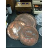 THREE VINTAGE COPPER AND SILVER PLATE CAIRO WARE TRAYS AND A BRASS BOX WITH BLUE ENAMEL