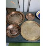TWO LARGE COPPER TRAYS AND TWO COPPER BOWLS