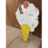 A WOODEN PAINTED ICE CREAM SIGN WITH METAL STAND (92CM X 50CM)