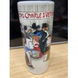 A LARGE CYLINDRICAL VASE WITH A VINTAGE STYLE PARIS STREET SCENE HEIGHT 32CM