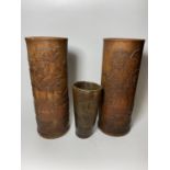 A PAIR OF CHINESE ROOTWOOD CYLINDRICAL SLEEVE VASES WITH CARVED VASE DESIGN, 28CM HEIGHT, TOGETHER