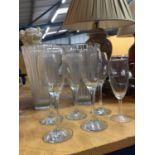 TWO LARGE RIBBED VASES AND SIX WINE GLASSES