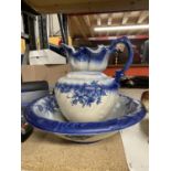 A VICTORIAN BLUE AND WHITE WASH BOWL AND JUG