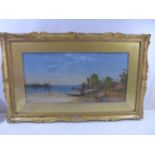 ITALIAN SCHOOL (19TH CENTURY) COASTAL FISHING SCENE, WATERCOLOUR, 33X66CM, IN ELABORATE GILT FRAME