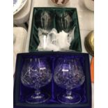 TWO PAIRS OF BOXED CRYSTAL GLASSES TO INCLUDE DOULTON JULLIETTE BRANDY AND BURNS WINE GLASSES