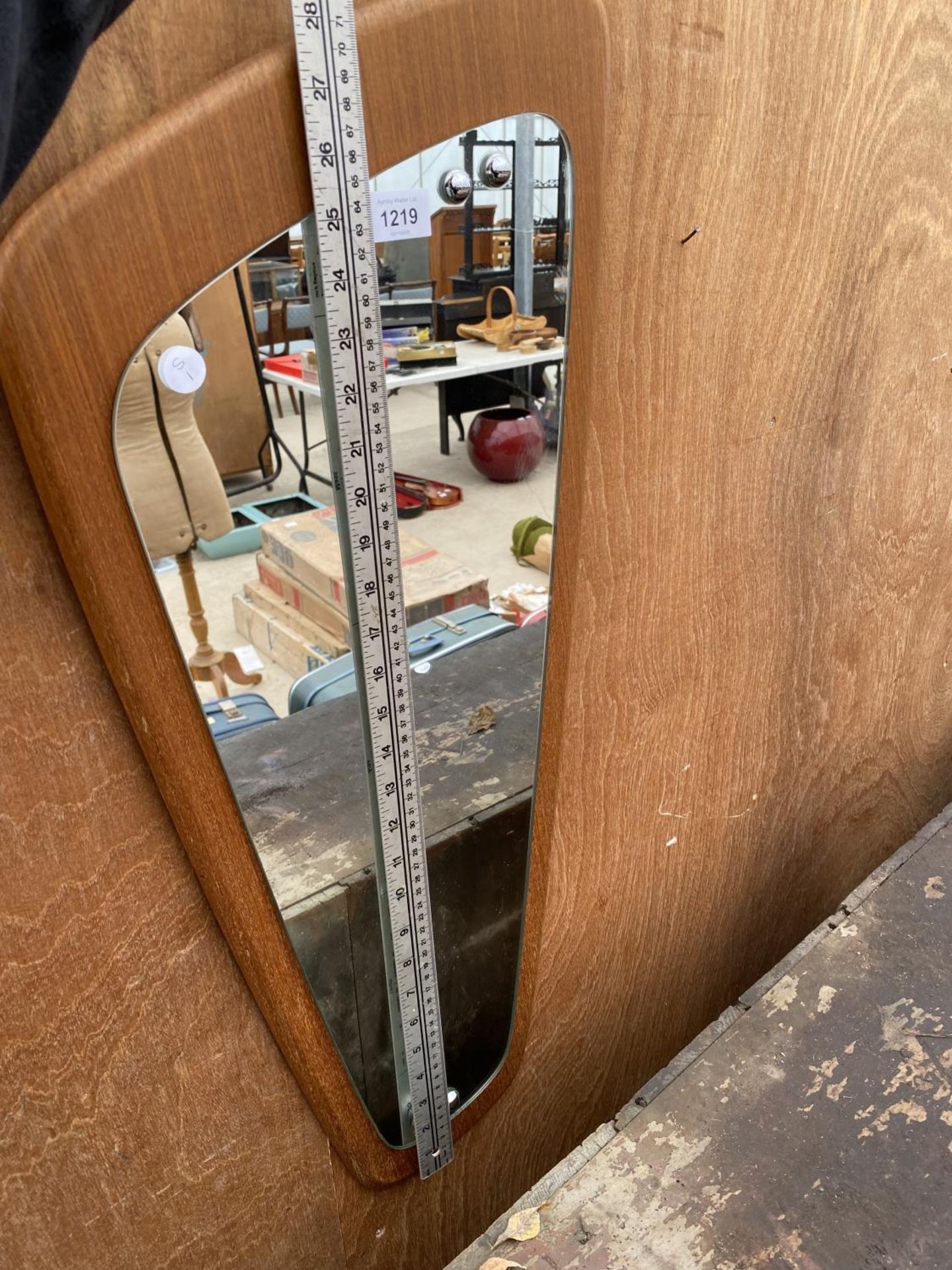 A RETRO MID CENTURY TEAK IRREGULAR TRIANGLE WALL MIRROR - Image 5 of 5