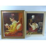 TWO OIL ON BOARDS OF LADIES IN 19TH CENTURY SETTINGS, SIZES 48 AND 38CM, FRAMED
