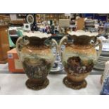 A PAIR OF TWIN HANDLED VASES WITH A FARMING SHIRE HORSE SCENE