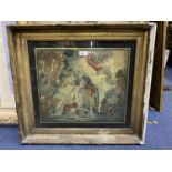 A VICTORIAN GILT FRAMED TAPESTRY ON SILK OF A RELIGIOUS SCENE