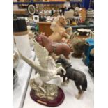 FOUR VARIOUS HORSE FIGURINES TO INCLUDE TWO SHIRES AND A PEGASUS