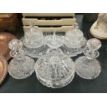 SEVEN ITEMS OF CUT GLASS DRESSING TABLES ITEMS TO INCLUDE A TRAY, RING HOLDERS, PERFUME BOTTLES ETC