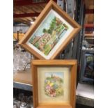 A FRAMED WATER COLOUR OF LOWER SLAUGHTER COTSWOLDS AND A FRAMED THREE DIMENSIONAL PICTURE OF A