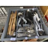 A TRAY CONTAINING A LARGE ASSORTMENT OF FLAT WARE AND KITCHEN UTENSILS ETC