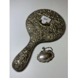 A BIRMINGHAM HALLMARKED SILVER 'PORT' DECANTER LABEL AND FURTHER EPNS BACKED HAND MIRROR (2)