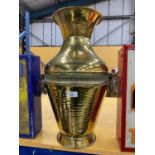 A LARGE DECORATIVE VINTAGE BRASS MIDDLE EASTERN TWIN HANDLED FLOOR VASE, 54CM HEIGHT