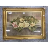 A LARGE GILT FRAMED STILL LIFE OIL PAINTING, UNSIGNED