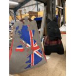 TWO HEAVY CLOTH DOORSTOPS - A SCOTTY DOG AND THE UNITED KINGDOM