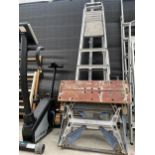 A SIX RUNG ALUMINIUM STEP LADDER, A FIVE RUNG ALUMINIUM STEP LADDER AND A FOLDING WORK MATE