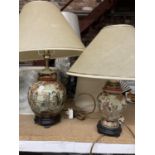 TWO ORIENTAL STYLE TABLE LAMPS WITH CLOISONNE STYLE DECORATION OF ORIENTAL FIGURES, WITH SHADES