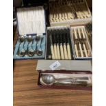 A QUANTITY OF FLATWARE TO INCLUDE BY APPOINTMENT THOMAS TURNER & CO., KNIFE SET, BOXED TEASPOONS,