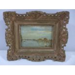 COASTAL SCENE, OIL ON PANEL, 10X14CM, IN ELABORATE GILT FRAME