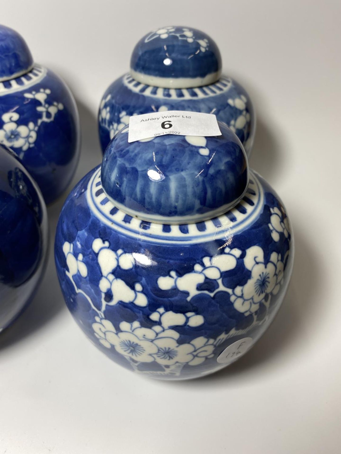 A GROUP OF FOUR 19TH CENTURY AND LATER CHINESE PORCELAIN PRUNUS PATTERN GINGER JARS, ONE A/F, ALL - Image 3 of 9