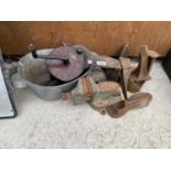 AN ASSORTMENT OF VINTAGE ITEMS TO INCLUDE COBBLERS LASTS AND A VICE ETC