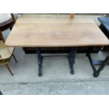 A CAST IRON PUB TABLE WITH NEW WOODEN TOP, 40X22"